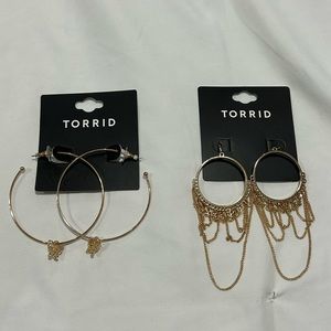 Two pairs of torrid gold earrings hoops and dangles